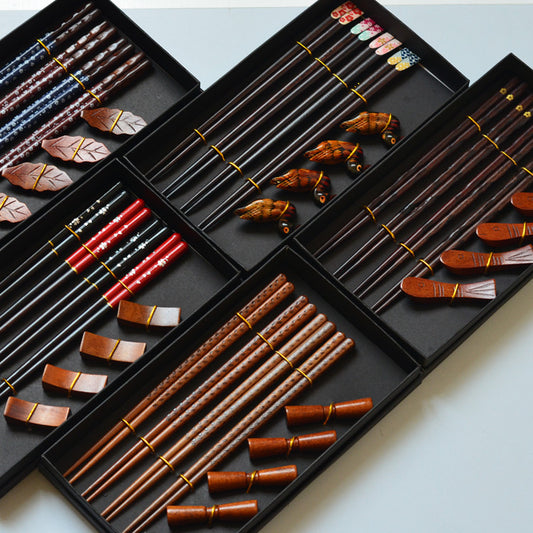 Japanese Wooden Chopsticks Gift Box Set – 4 Pairs with Holder